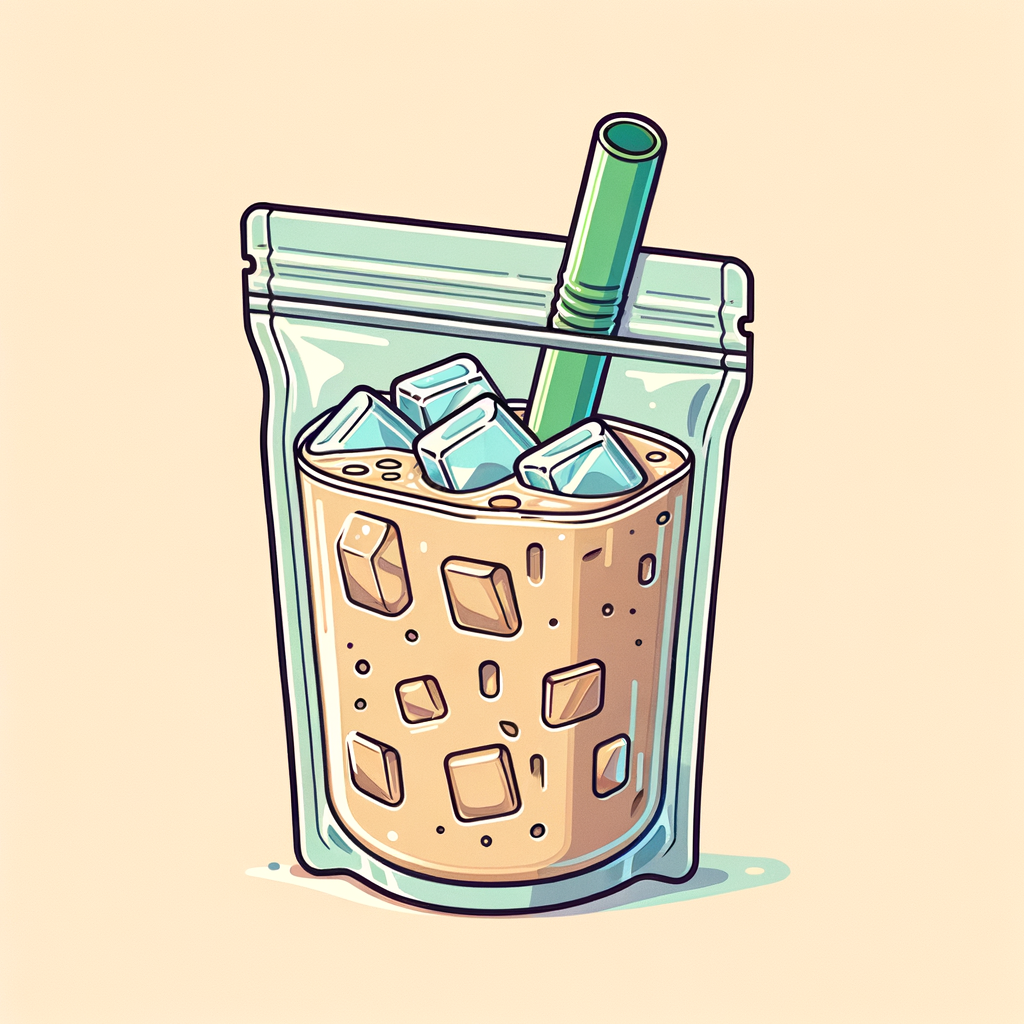 A clear pouch filled halfway with light brown iced milk coffee, visible ice cubes inside and a green straw inserted at the top.