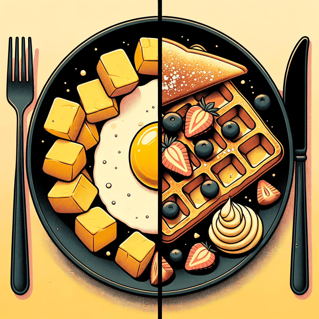 A black plate holding a folded yellow egg omelet next to a heap of golden-brown diced potatoes and two slices of toasted sourdough bread, accompanied by a separate black plate with a round waffle covered in sliced strawberries, scattered blueberries, dollops of whipped cream, and a dusting of powdered sugar.