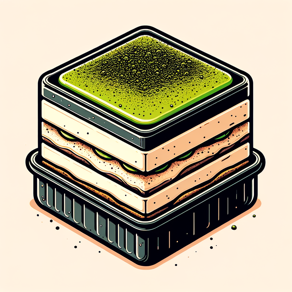 A square black lacquer box filled with creamy layered tiramisu, the top surface evenly dusted with bright green matcha powder in a smooth, unbroken layer.