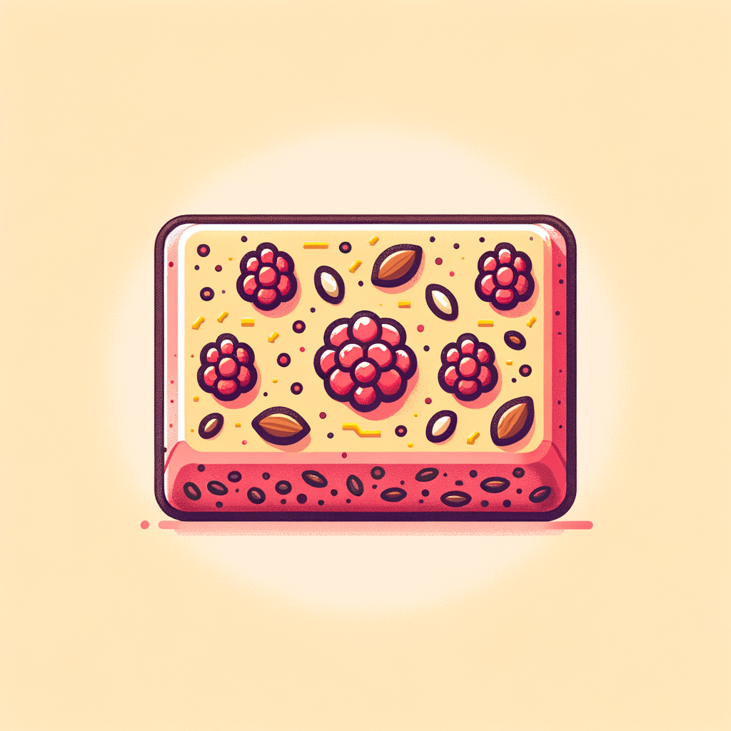 A rectangular raspberry lemon fruit and nut bar studded with dried raspberries and lemon zest on a plain background.
