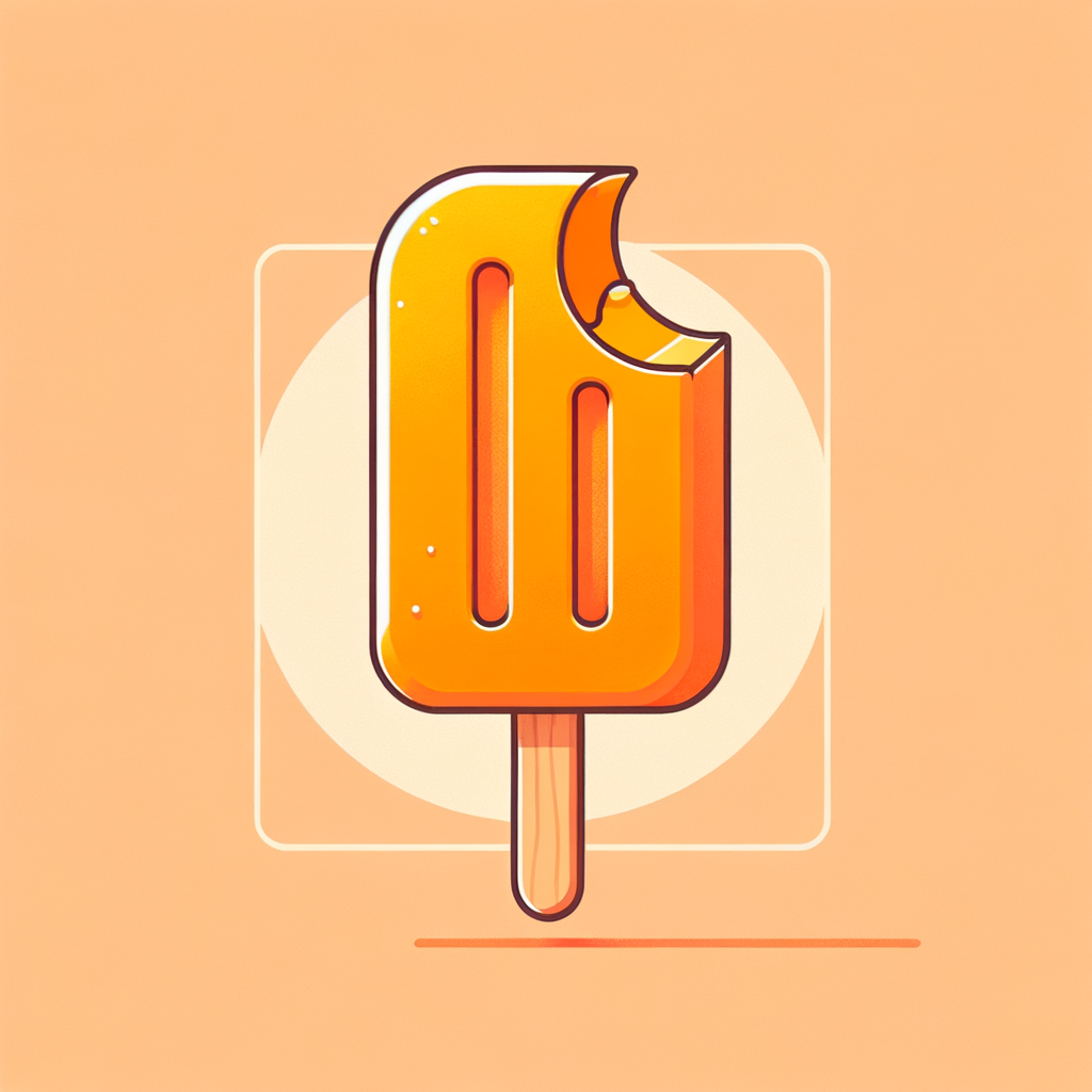 A vibrant orange rectangular mango fruit popsicle on a wooden stick, with one bite taken from a top corner showing the smooth interior.