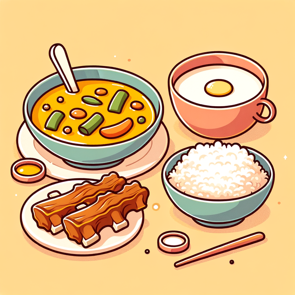 A serving of creamy yellow vegetable curry in a bowl, a separate bowl of steamed white rice, two crispy pork spare ribs on a plate, and a small dish of milk custard.