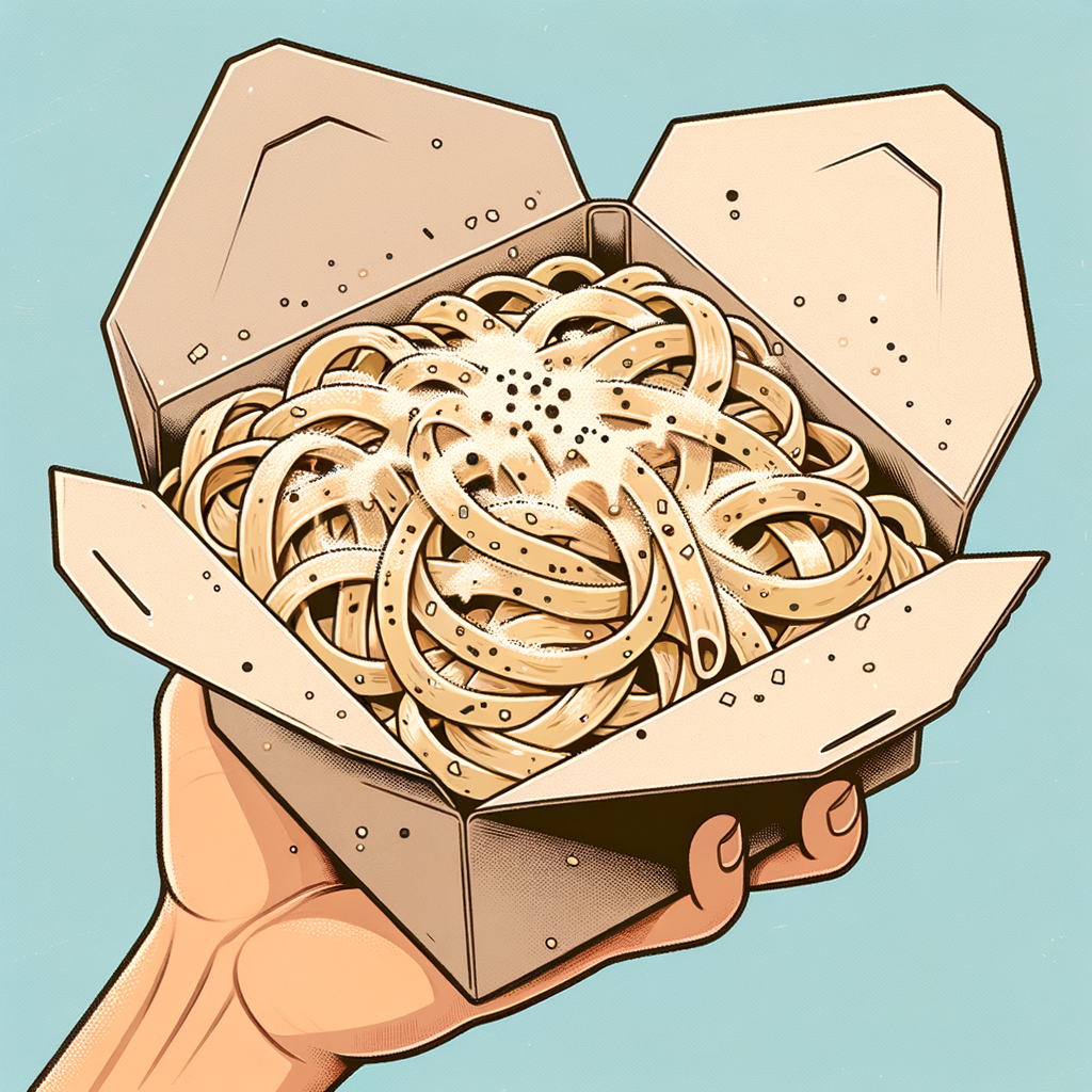 A brown paper takeout box filled with al dente fettuccine noodles coated in a silky white Alfredo sauce, generously sprinkled with grated Parmesan cheese and a dash of cracked black pepper.