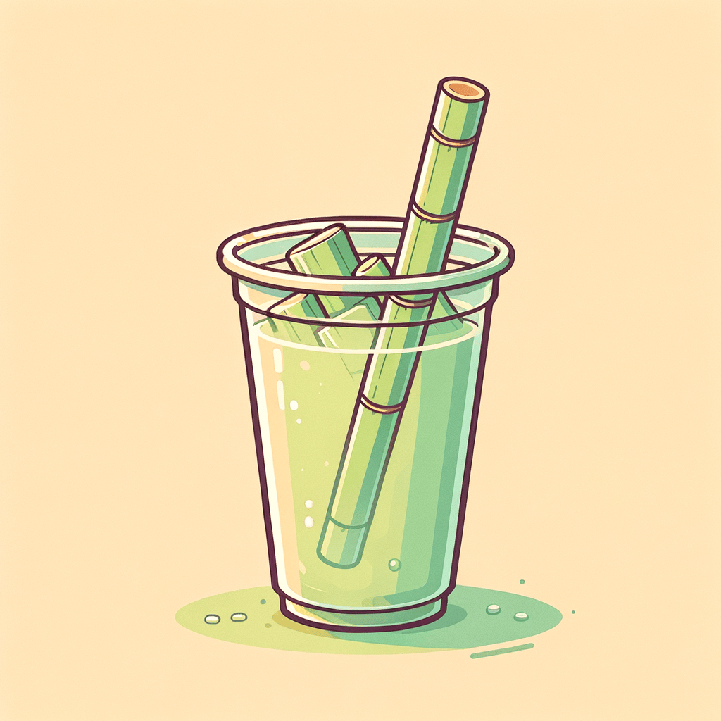 A tall clear plastic cup filled with pale green sugarcane juice and a single bamboo straw.