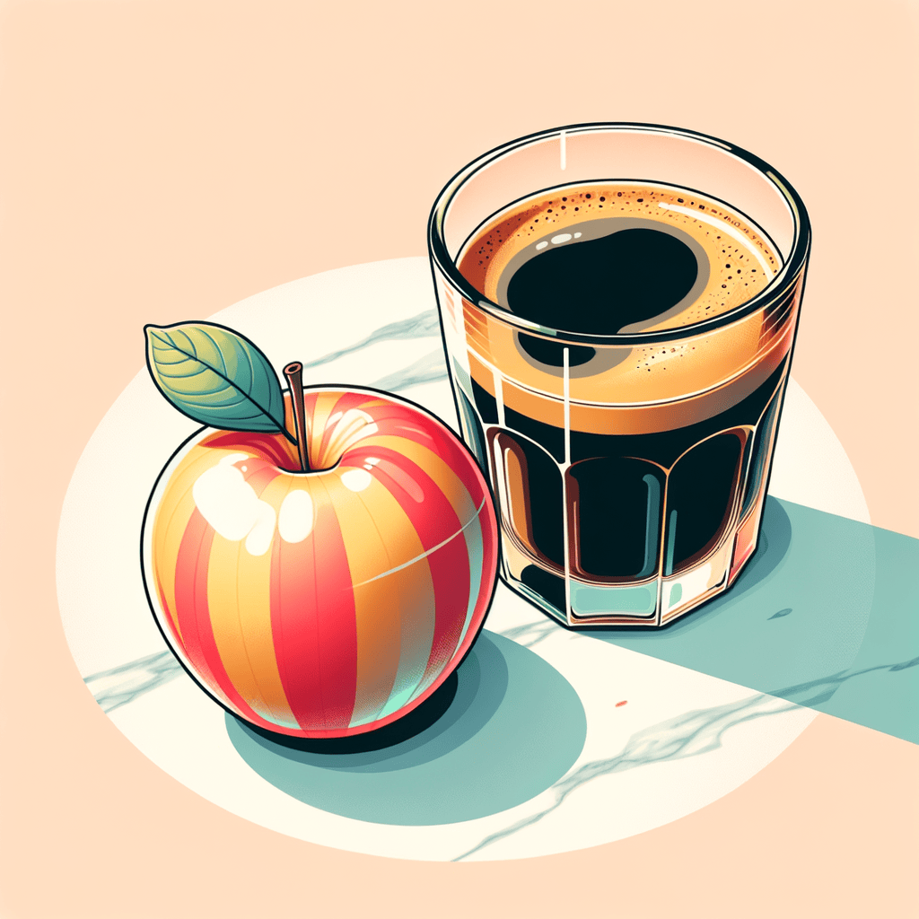 A small yellow-red apple next to a clear glass tumbler filled with black coffee on a light marble surface.