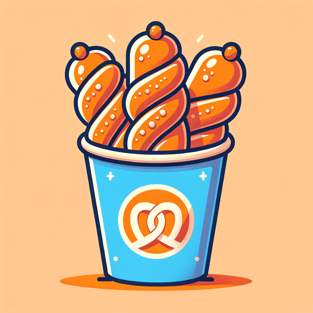 Three small sausages enveloped in golden-brown pretzel dough, arranged standing upright in a blue paper cup featuring an orange Auntie Anne’s logo.