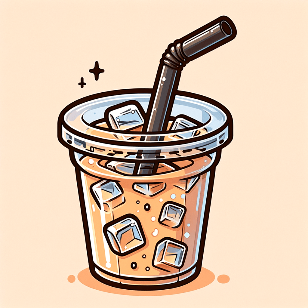A clear plastic cup filled with iced coffee and a black straw, showing condensation on the sides.