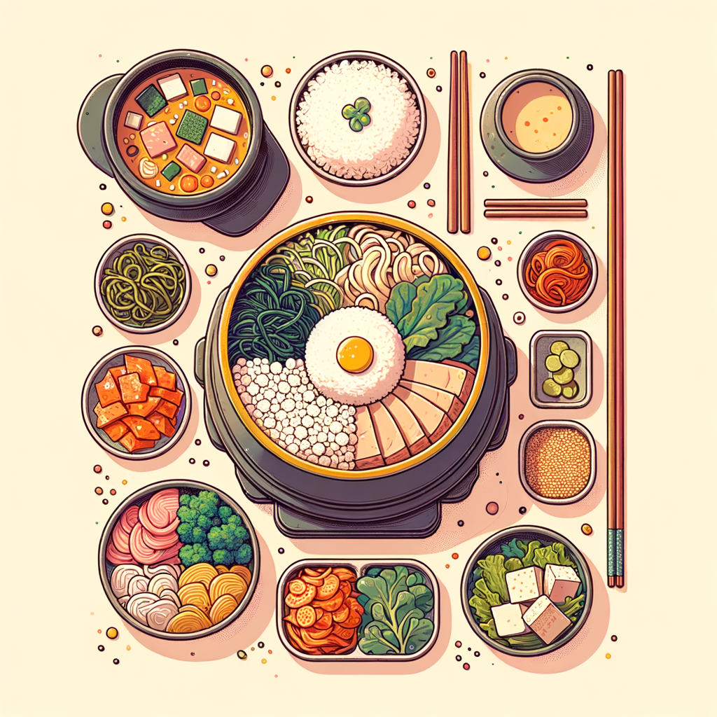 An overhead view of a Korean dinner spread: a brass bowl of bibimbap layered with rice, kimchi, sliced pork, greens, seaweed, and sesame powder; a stone pot of spicy tofu stew; a small pot of multigrain rice; a bowl of clear tofu soup; and several small dishes of assorted kimchi and pickled vegetables.