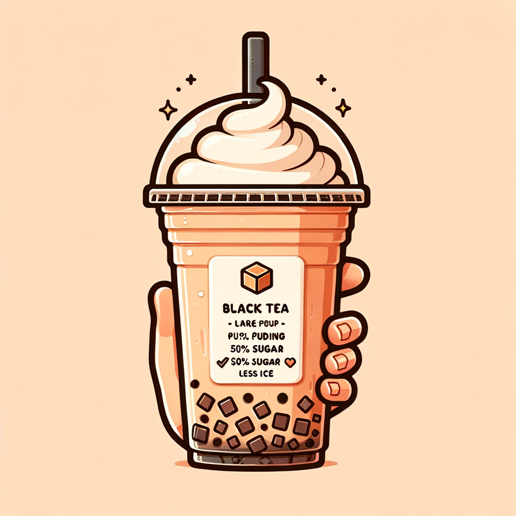 A tall clear plastic cup filled with creamy milk black tea showing pudding pieces at the bottom, topped with a thick layer of cream foam and labeled “Milk Black Tea (Large) Pudding, Cream Top, 50% Sugar, Less Ice.”