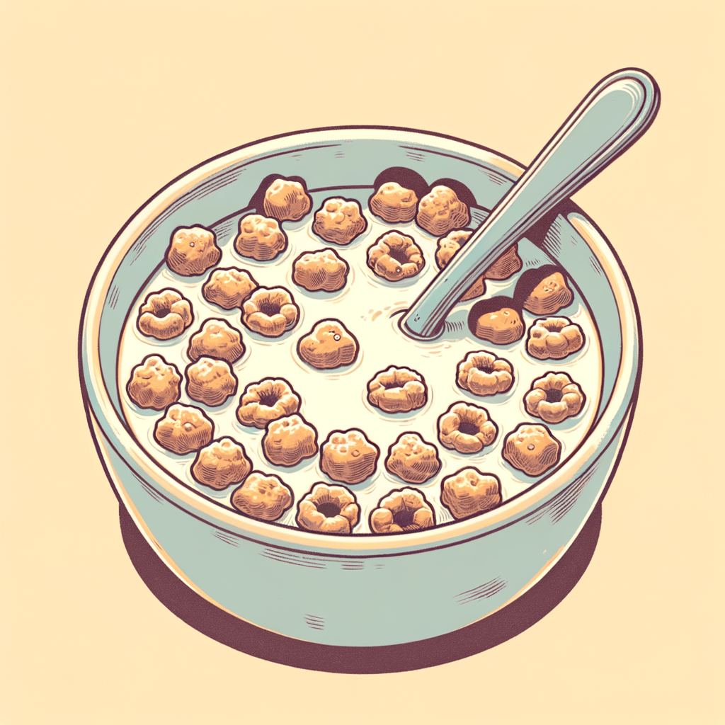 A plain bowl filled with milk-soaked cereal clusters and a spoon resting inside, viewed from above.