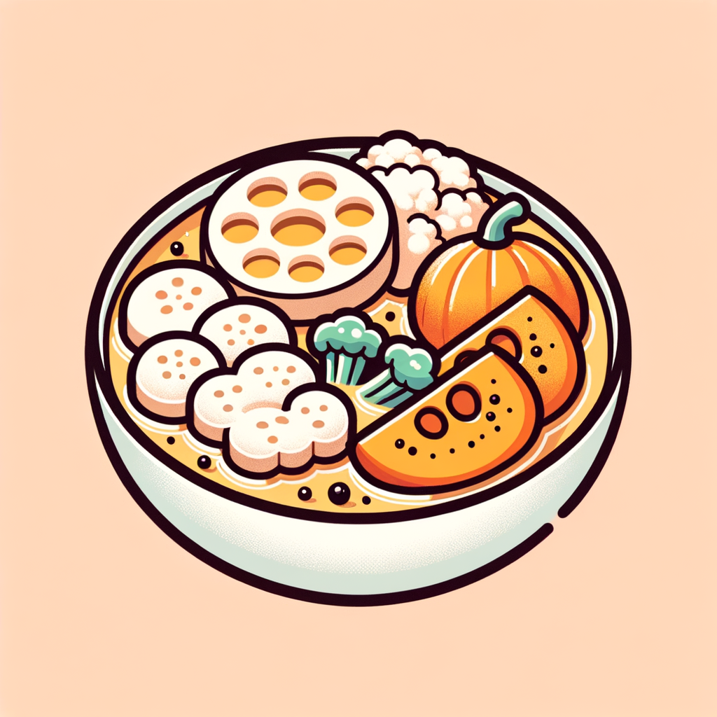 A simple white bowl filled with a clear golden-brown broth, studded with circular lotus root slices, bright orange kabocha squash chunks, cauliflower florets, and bite-sized pieces of chicken, lightly speckled with black pepper.