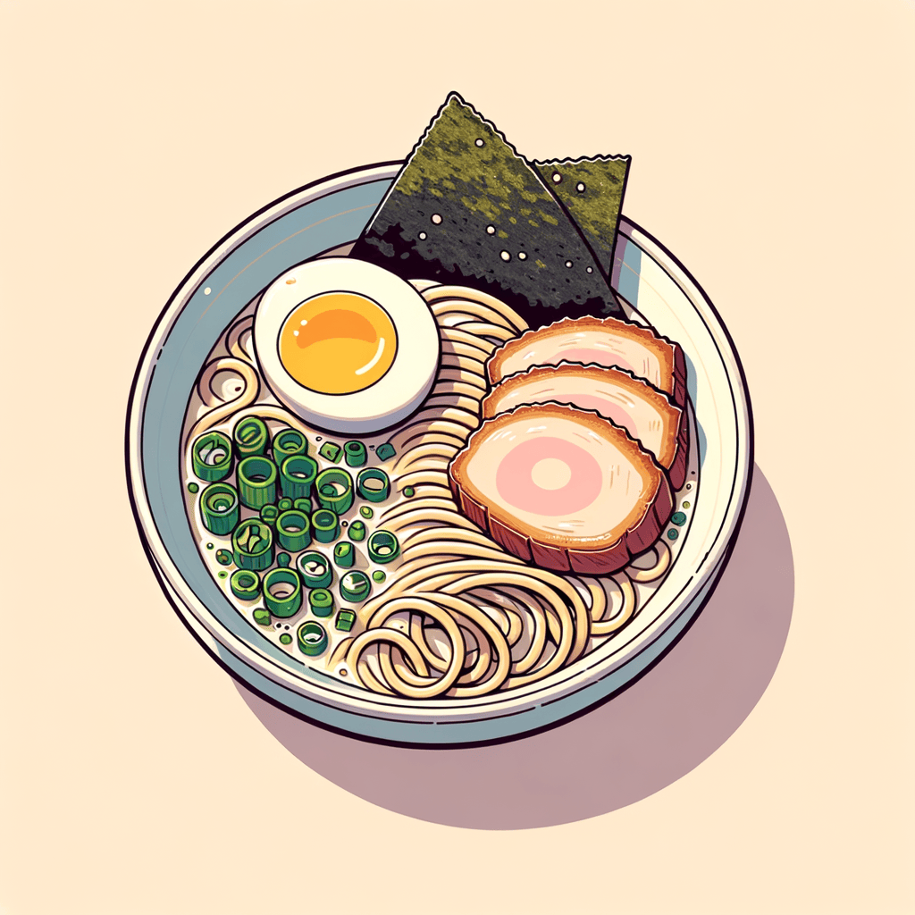 A deep white bowl of ramen in milky pork broth, topped with thin noodles, two slices of seared char siu pork, halved soft-boiled egg, a sheet of nori and a sprinkle of chopped green onions.