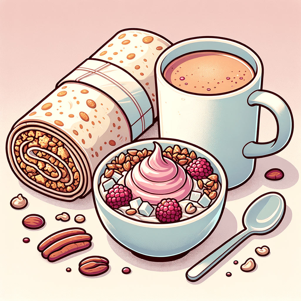 A halved flour tortilla burrito with a golden-brown exterior, a white cup of pink berry yogurt topped with toasted granola clusters, coconut flakes, pecans, and sunflower seeds, and a simple white ceramic mug filled with light brown coffee.