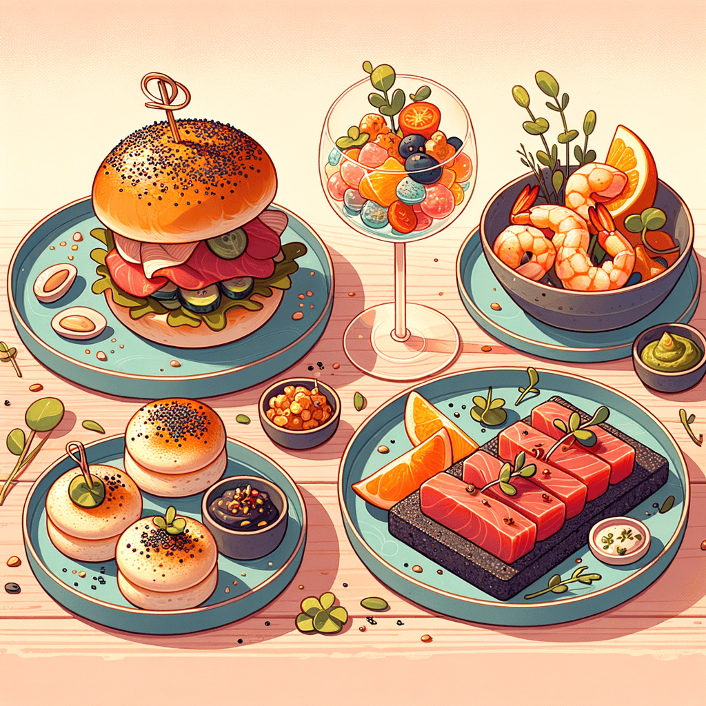 On a wooden table, several small plates: a poppy-seeded bao bun filled with sliced pork and pickled vegetables; a clear glass dish with tuna tartare atop a black crisp cracker garnished with sesame seeds and micro herbs; a grey plate with a toasted bread slice smeared with pâté and topped with a fruit relish; a long oval platter of shrimp, orange segments, and microgreens resting on a bed of quinoa; and a turquoise plate of sliced grilled beef drizzled with sauce and sprinkled with chopped nuts, surrounded by leafy greens.