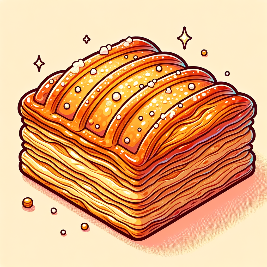 A golden-brown laminated pastry with a glossy sugar crust, showing flaky, buttery layers and a caramelized, crunchy exterior dusted with sugar granules.
