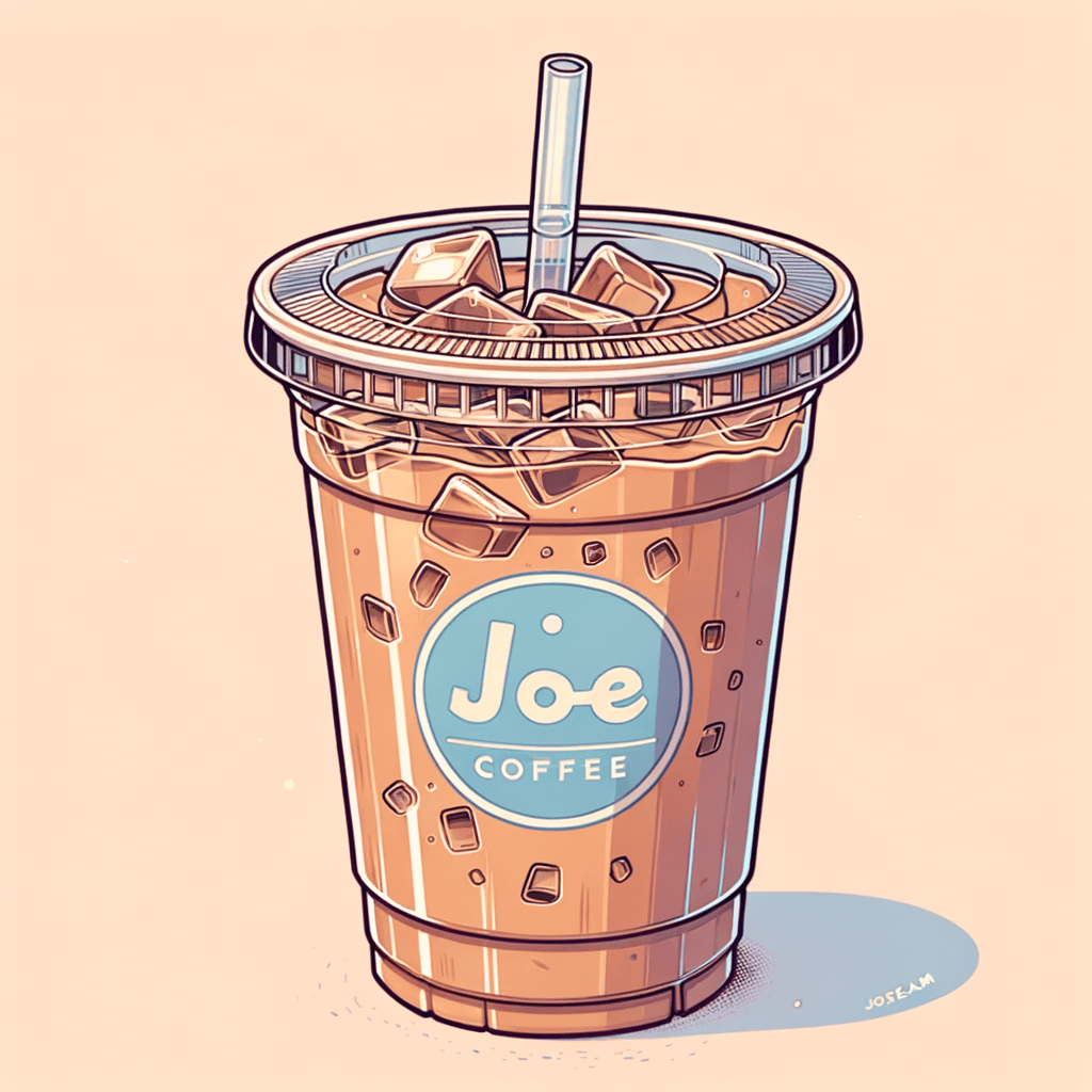 A clear plastic cup filled with light brown iced coffee topped with a thin layer of foam, visible ice cubes, and a clear plastic lid with a sip opening, the words 'Joe Coffee' printed in blue on the cup.