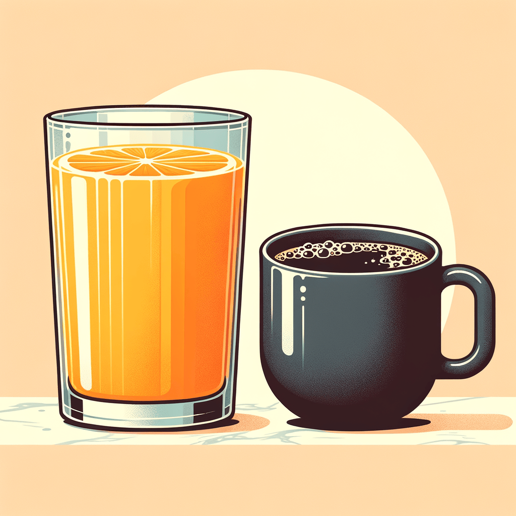 A clear glass half-filled with bright orange juice showing pulp texture next to a matte ceramic mug filled with dark black coffee, both placed side by side on a marble countertop.