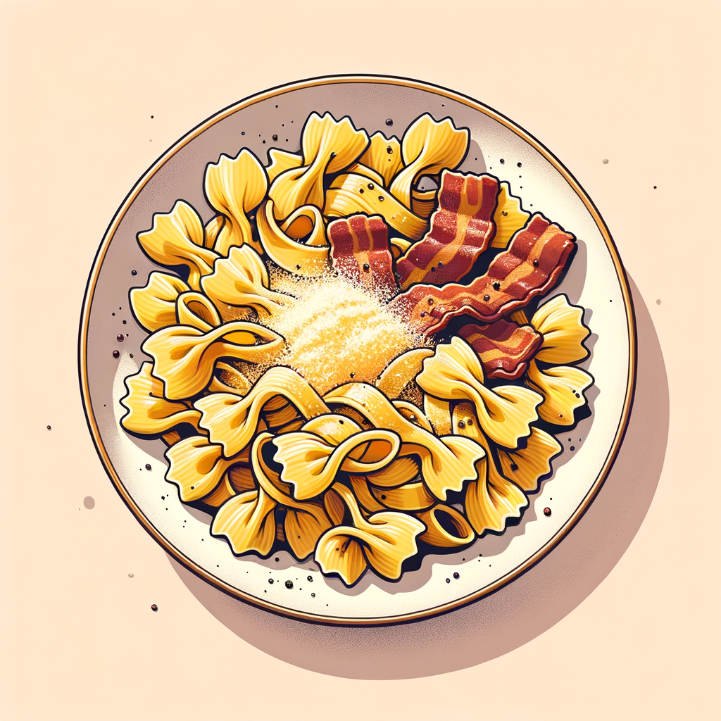 A shallow white bowl with a thin golden rim filled with a nest of ruffled ribbon pasta coated in a creamy pale yellow cheese sauce. Scattered on top are dark golden-brown crispy bacon cubes and a generous dusting of grated Parmesan, with tiny flecks of black pepper visible throughout.