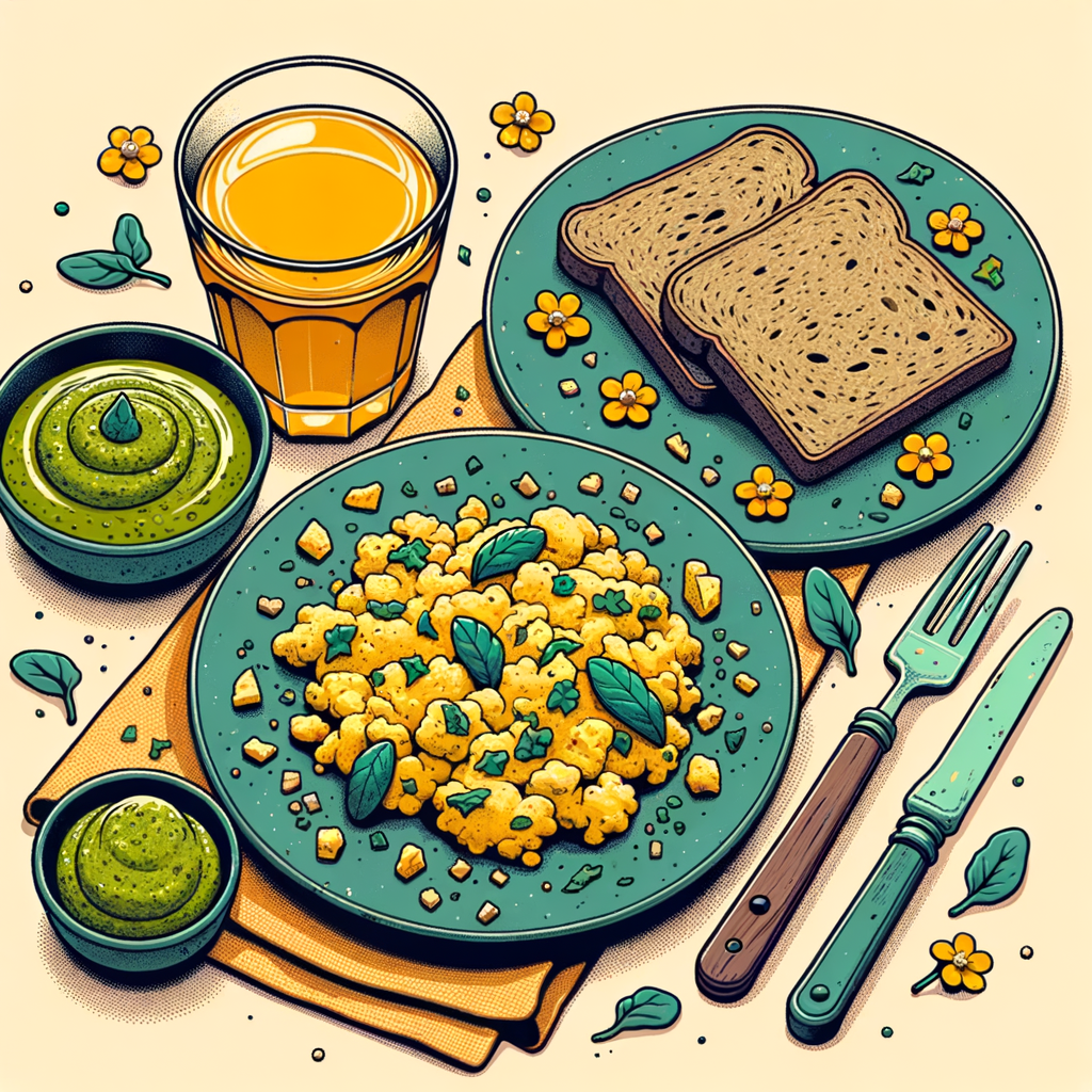 A plate with fluffy yellow scrambled eggs mixed with chopped green herbs, a small dollop of bright green pesto-like sauce on the side, accompanied by two slices of rustic multigrain bread on simple dark ceramic plates, and a clear glass filled with an amber-colored drink.