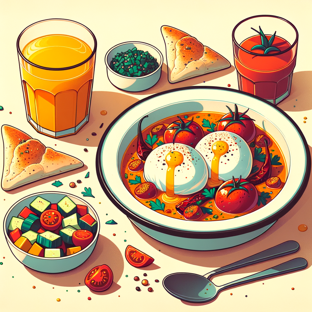 A white enamel bowl filled with vibrant roasted tomato and pepper stew, two poached eggs sprinkled with chopped parsley and sesame seeds, a small mound of cucumber and tomato salad, and two triangular pieces of seasoned pita bread arranged on the rim, alongside a stemless glass of bright orange juice and a clear plastic iced coffee cup.