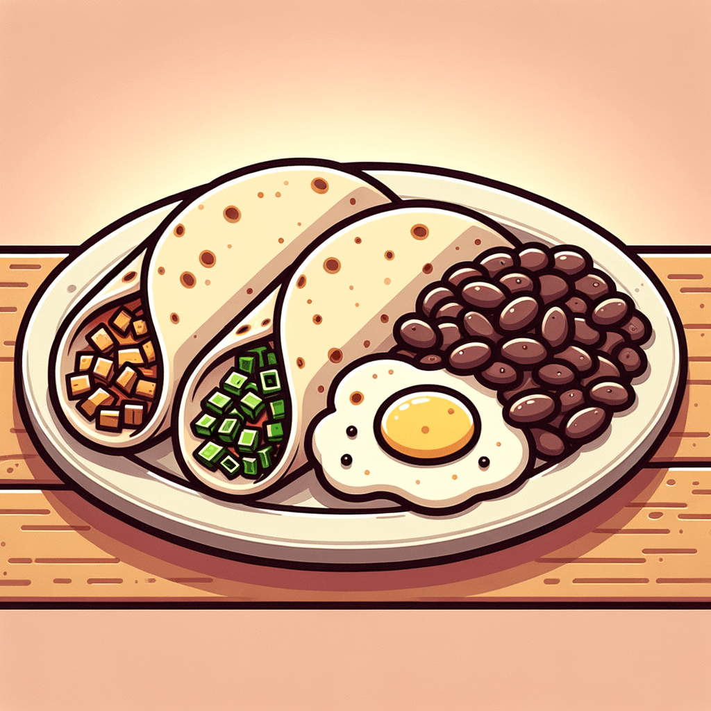 An oval white plate holding three folded corn tortillas, each partially opened to reveal fillings: shredded meat with green onion, scrambled egg, and spiced black beans, set on a wooden tabletop.