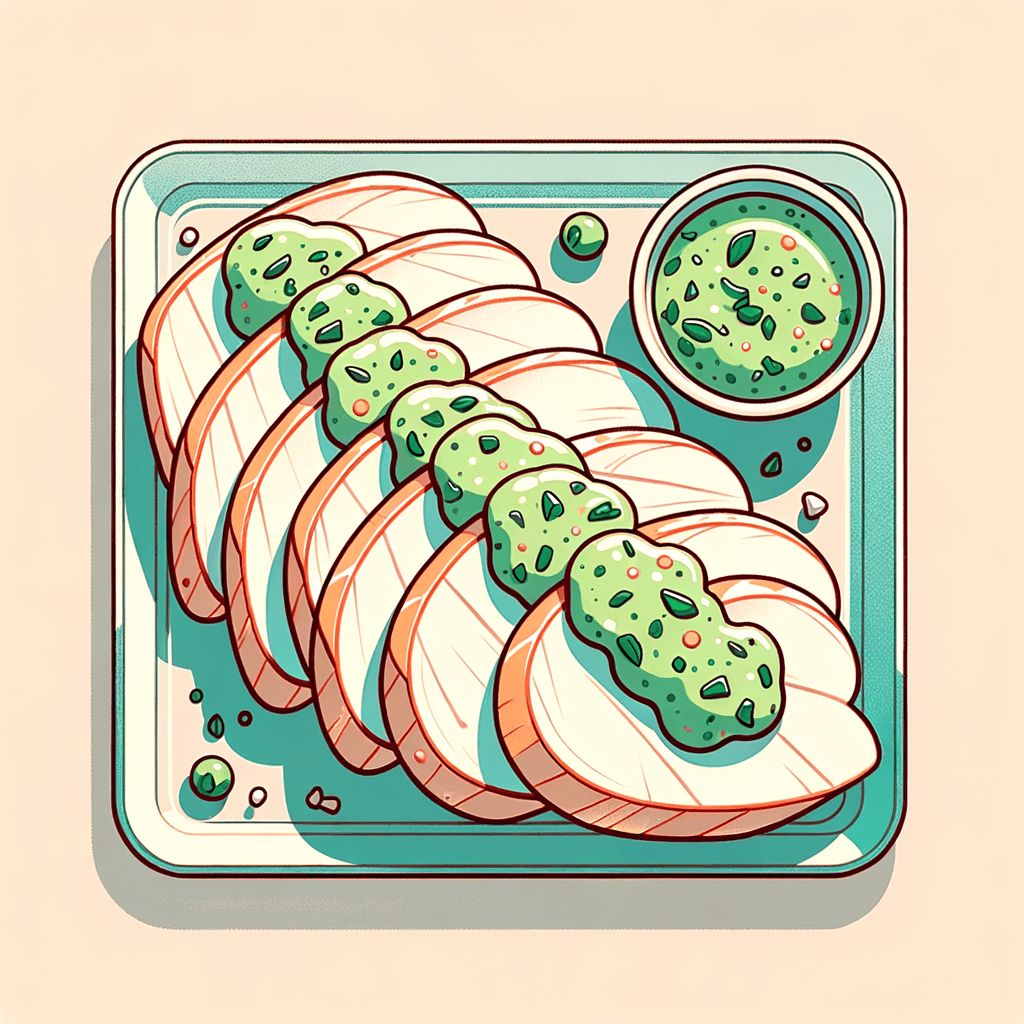 Pieces of sliced poached chicken breast arranged on a clear surface with a generous spoonful of chunky green herb sauce on top.