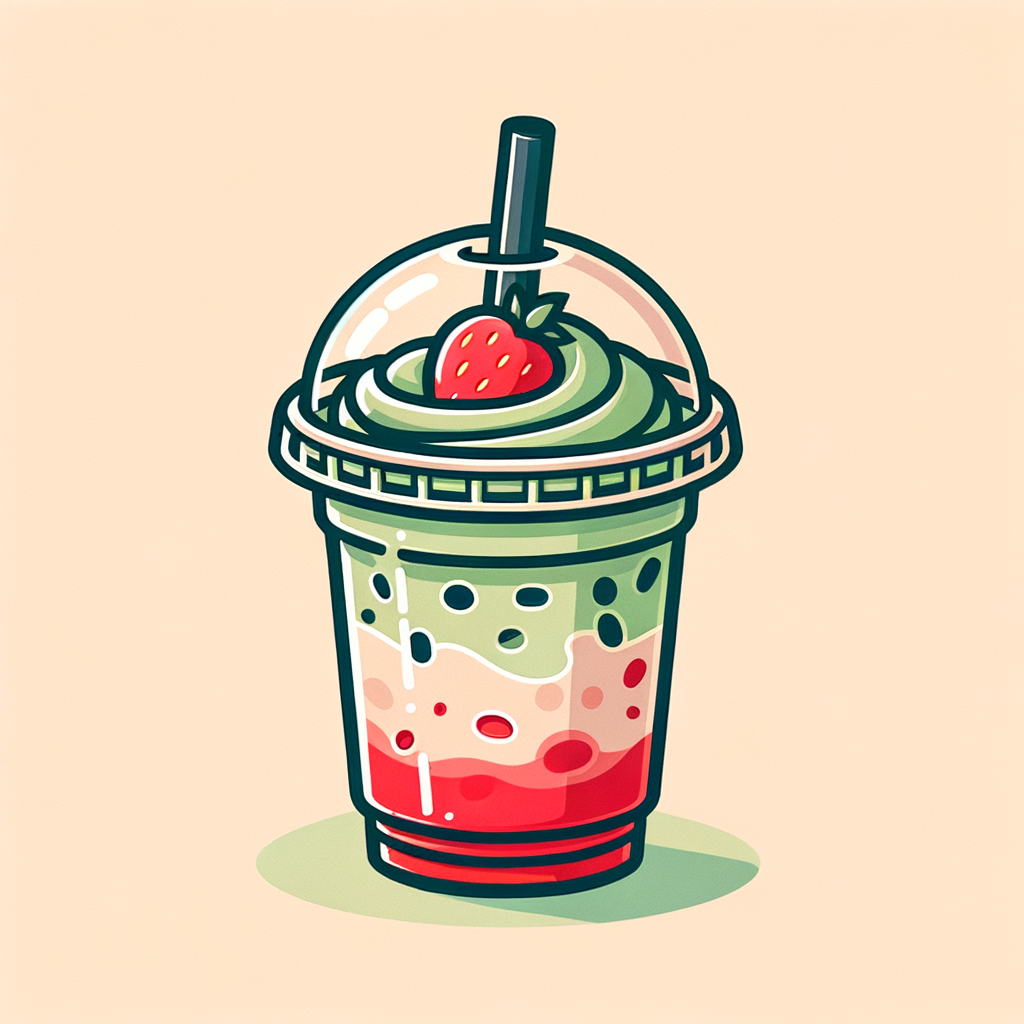 A clear plastic cup containing a pale green iced matcha latte with a red strawberry syrup swirl at the bottom, topped with a flat plastic lid and black straw, no background.
