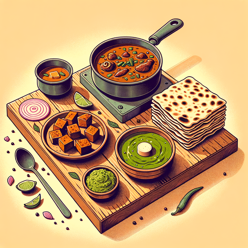 A wooden table displaying a small metal pan of richly spiced meat curry, a bowl of bright green spinach dal garnished with melted ghee, a dish of charred paneer cubes dusted with chili powder, folded pieces of flatbread, thinly sliced red onions, and a small ramekin of green chutney.