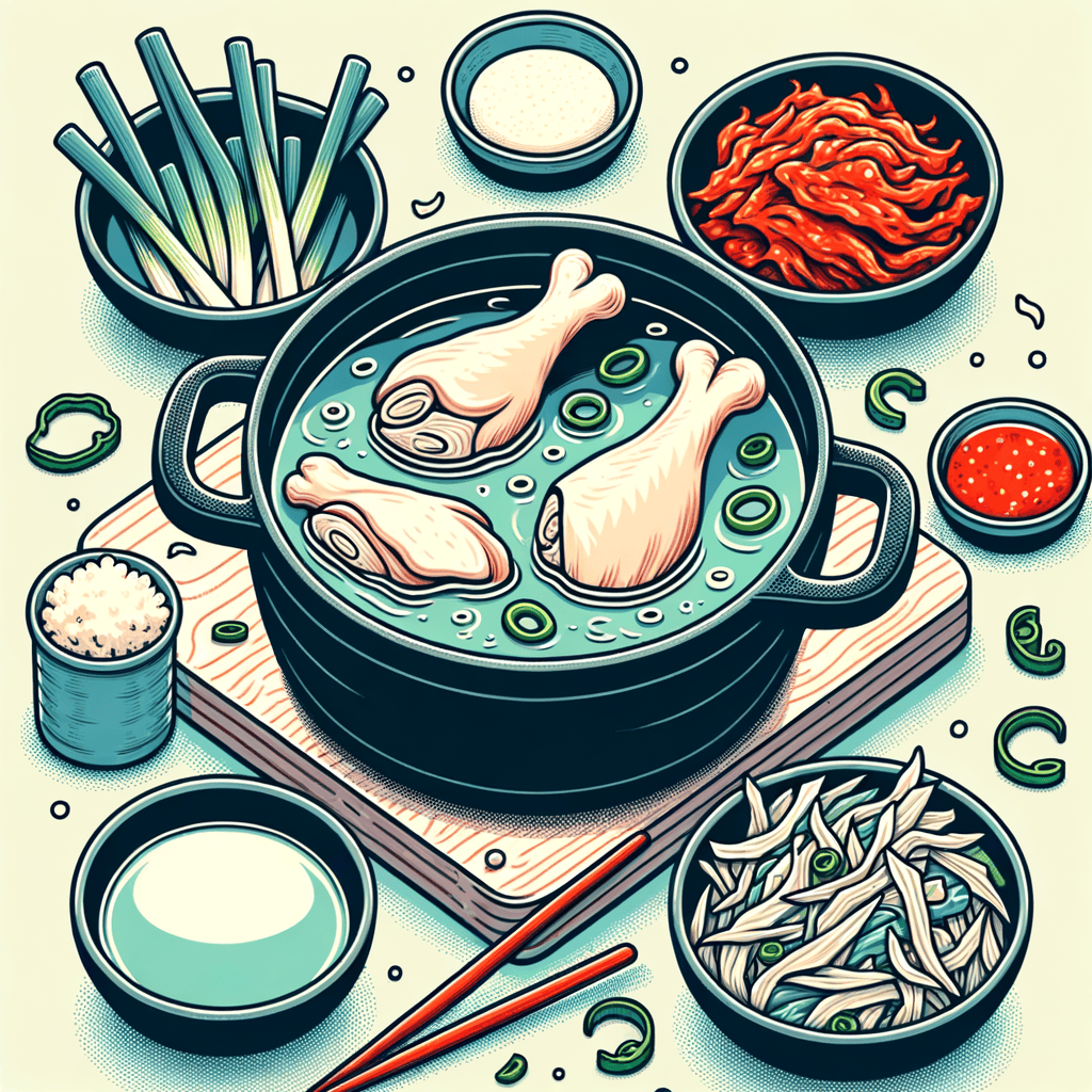 A black cast iron pot filled with clear chicken soup containing bone-in chicken pieces and green onion stalks, surrounded by two small blue dishes: one with red spicy kimchi and the other with cabbage slaw in chili sauce, plus empty white and grey bowls.