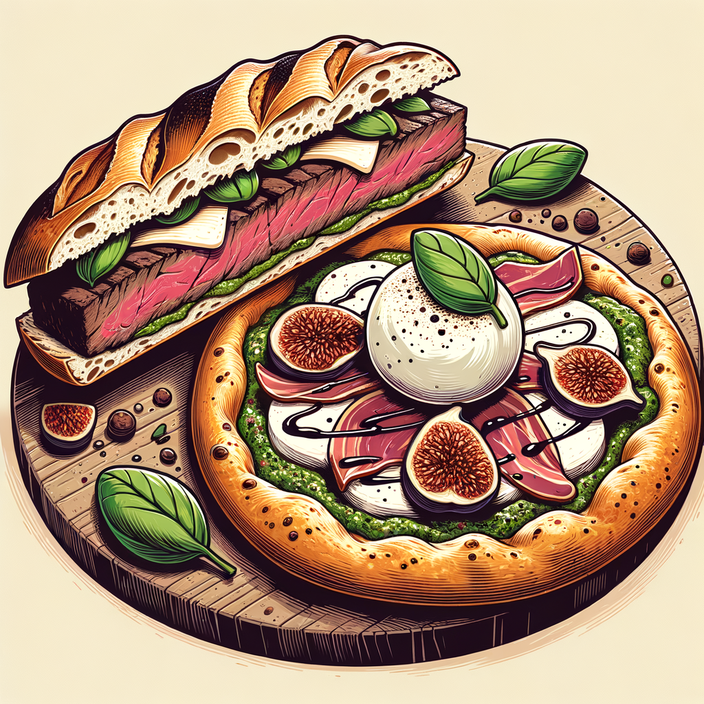 A thick, crusty baguette sandwich diagonally sliced to reveal medium-rare steak slices layered over a green pesto spread, positioned beside a round, blistered-crust pizza topped with thin prosciutto, scattered dried fig slices, streaks of green pesto, and a glossy white burrata ball crowned with a single basil leaf and drizzled with dark balsamic reduction.