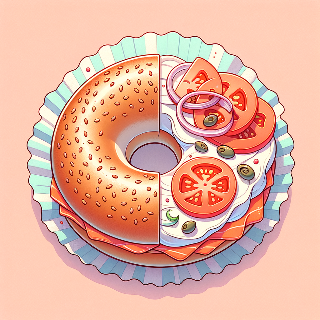 An open-faced toasted bagel half on a paper liner, evenly spread with white cream cheese, topped with thin orange-pink smoked salmon slices, concentric red tomato slices, purple-red onion rings, and scattered small green capers.