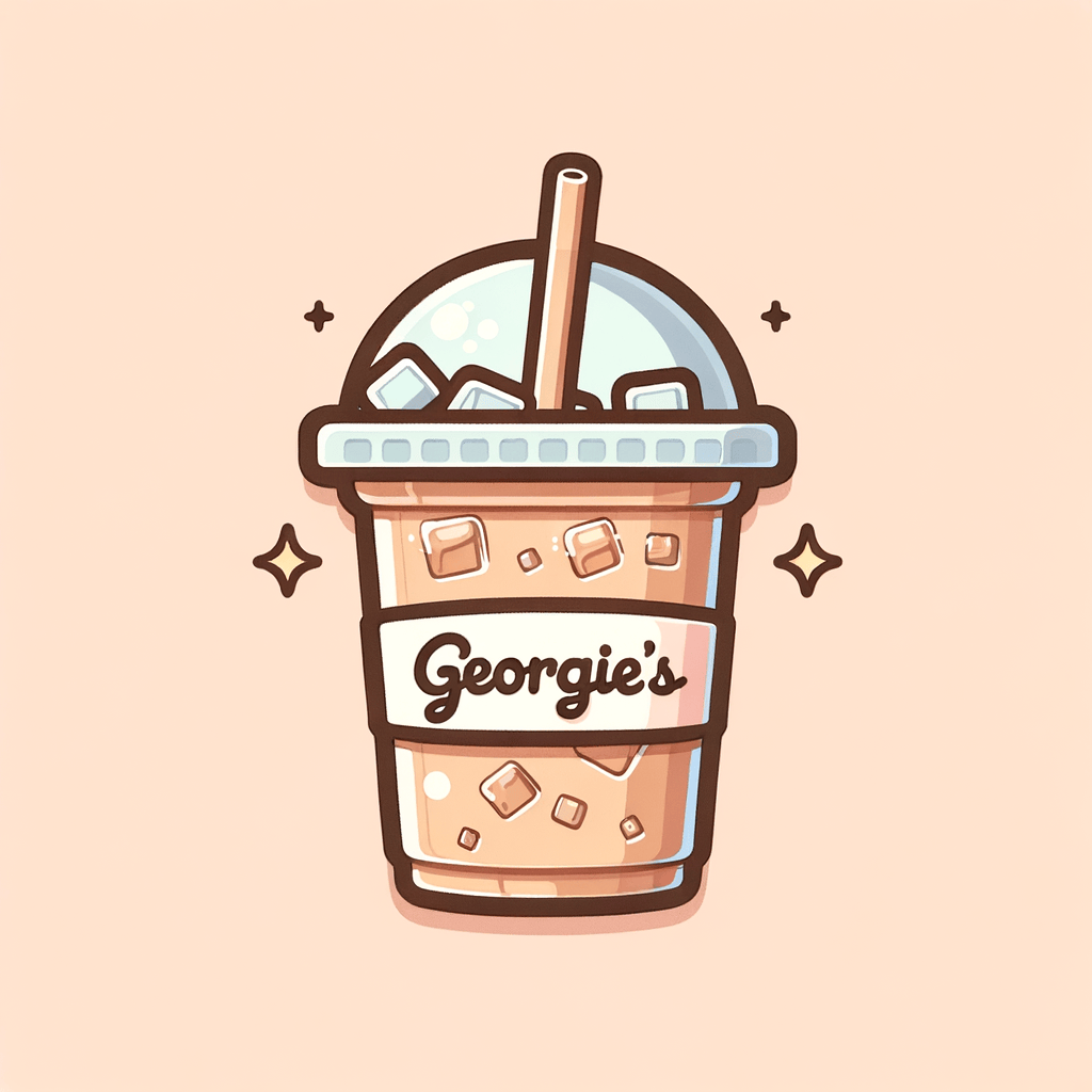A clear plastic cup branded “GEORGIE’S” filled with ice cubes and light brown iced latte, topped with a paper straw through the plastic lid.
