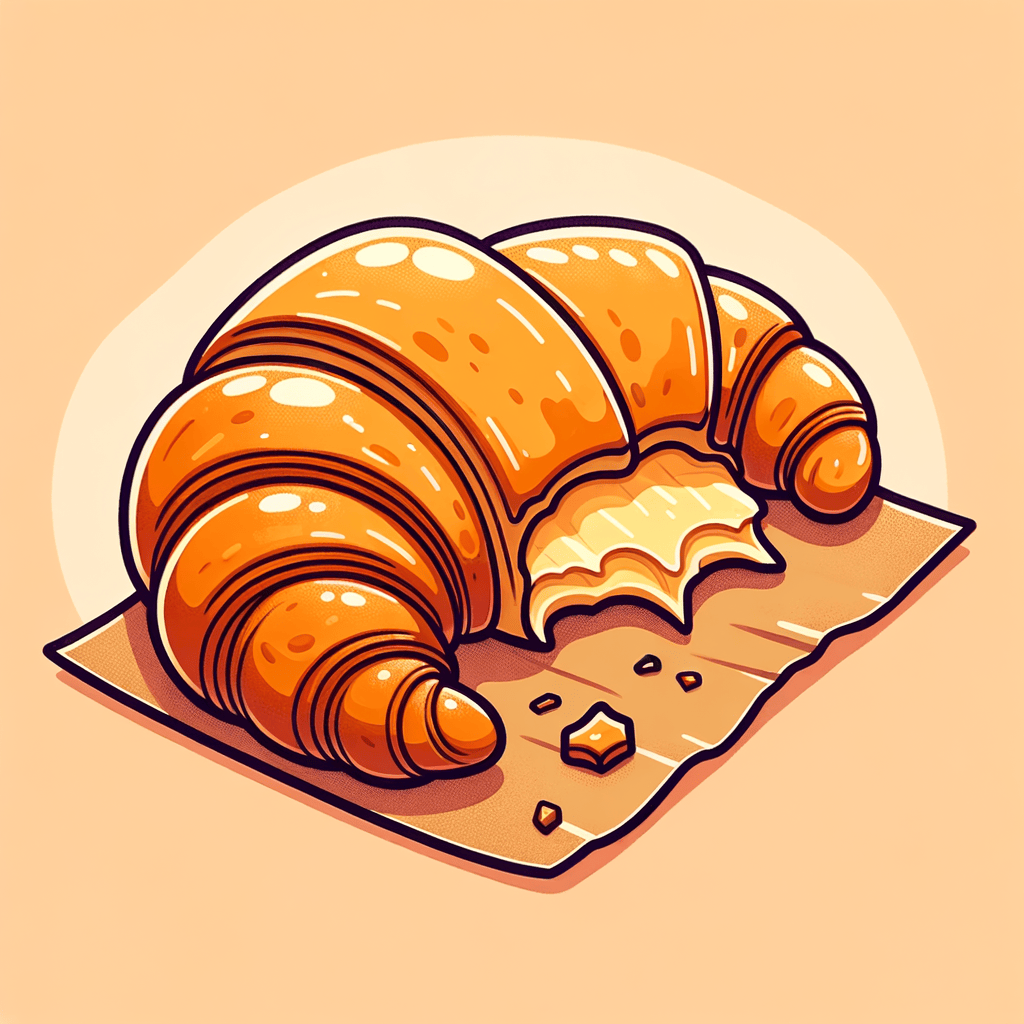 A half-eaten golden brown croissant with visible crisp, layered interior and slightly flaky surface, resting on a piece of brown parchment paper.