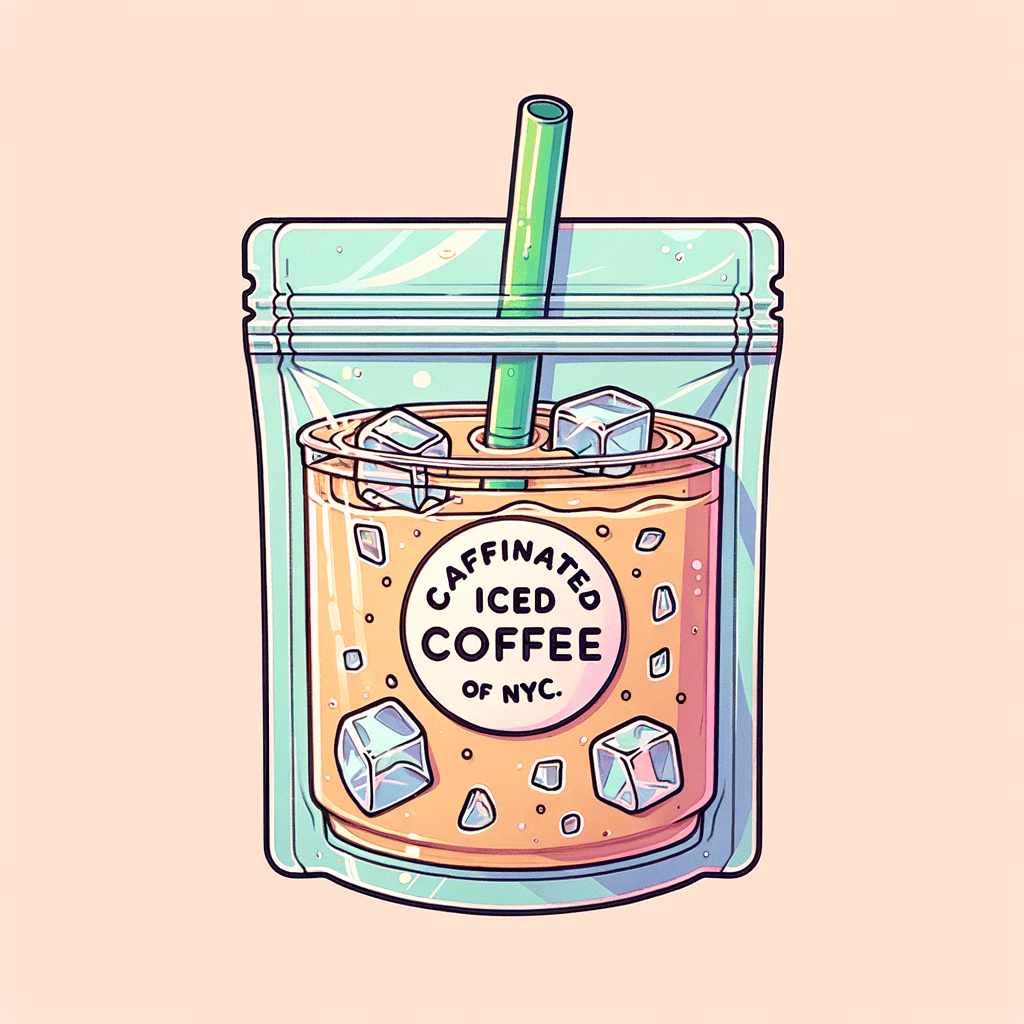 A transparent resealable plastic pouch filled with a light tan iced coffee drink, visible ice cubes, and a green straw, with a bright sticker reading “Caffeinated Human of NYC.”