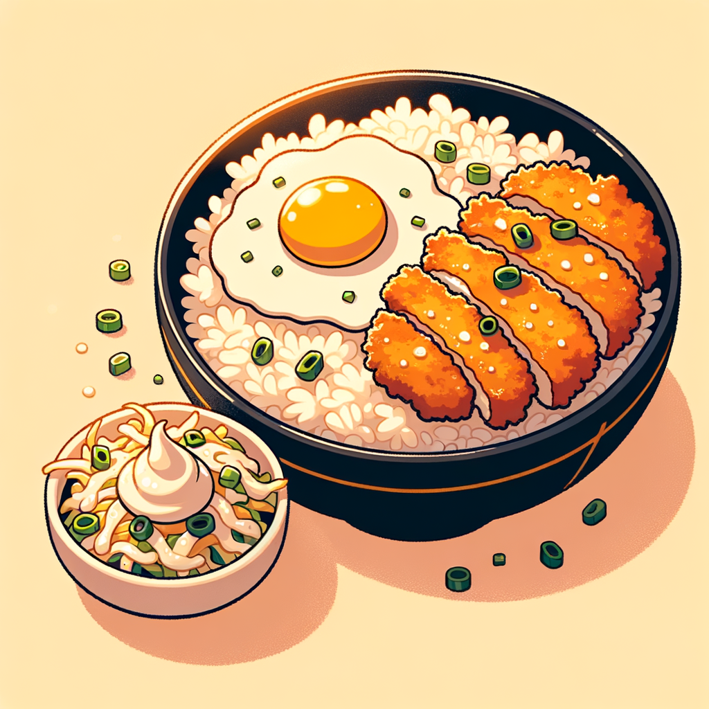 A black bowl filled with steamed white rice topped with golden-brown, crispy breaded pork cutlet slices simmered in a light egg sauce, garnished with finely chopped green onions. A small white dish holds a mound of finely shredded cabbage drizzled with creamy dressing.