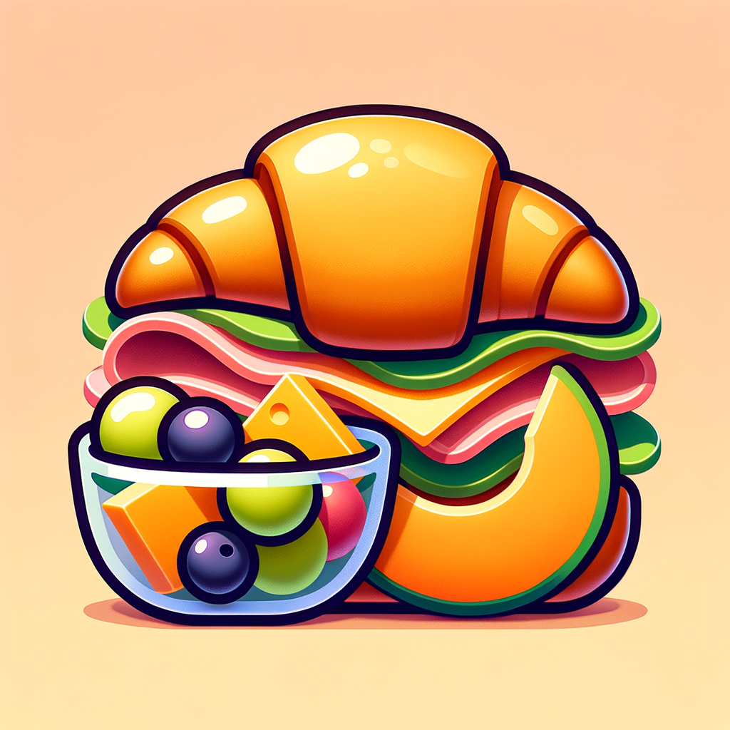 A golden-brown croissant sliced and filled with layers of pink ham, pale yellow cheese, and bright green lettuce leaves, next to a small clear bowl of colorful fruit chunks — orange cantaloupe, light green honeydew, red grapes, green grapes, and dark blueberries.