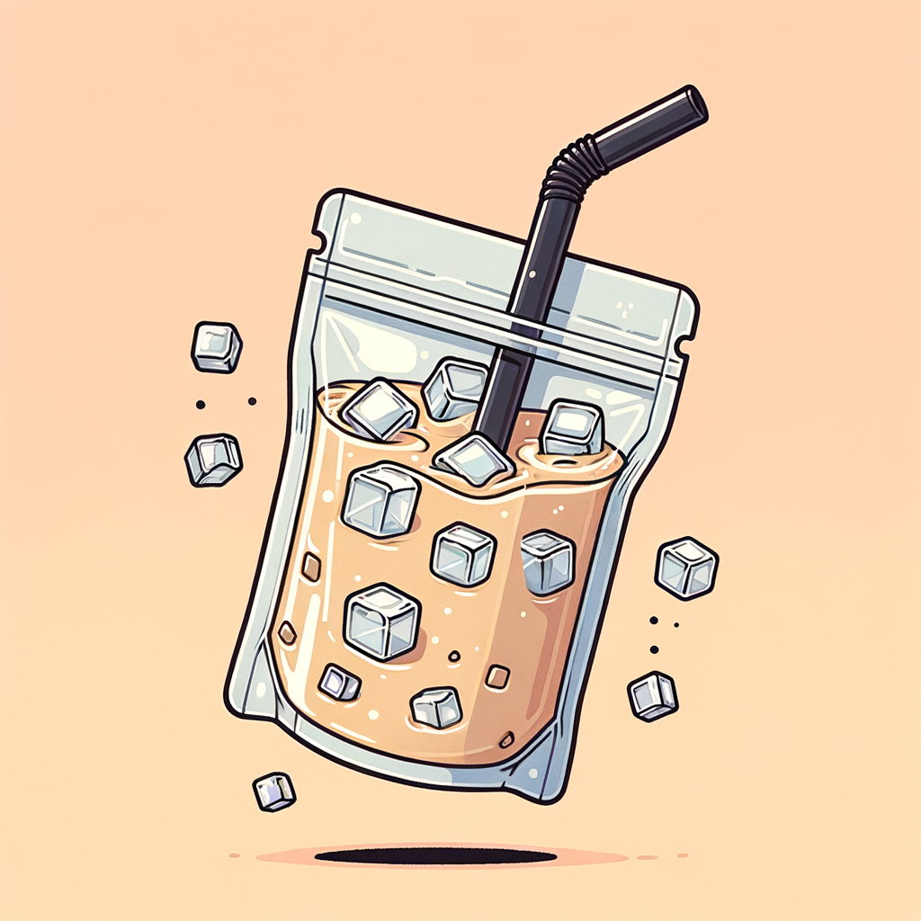A translucent resealable pouch filled with light tan iced coffee and ice cubes, with a black straw inserted at the top.