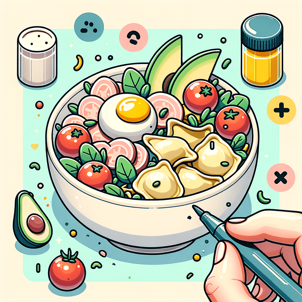 A white ceramic bowl containing cheese ravioli mixed with chopped herbs, slices of poached chicken breast, cherry tomatoes, and avocado slices.