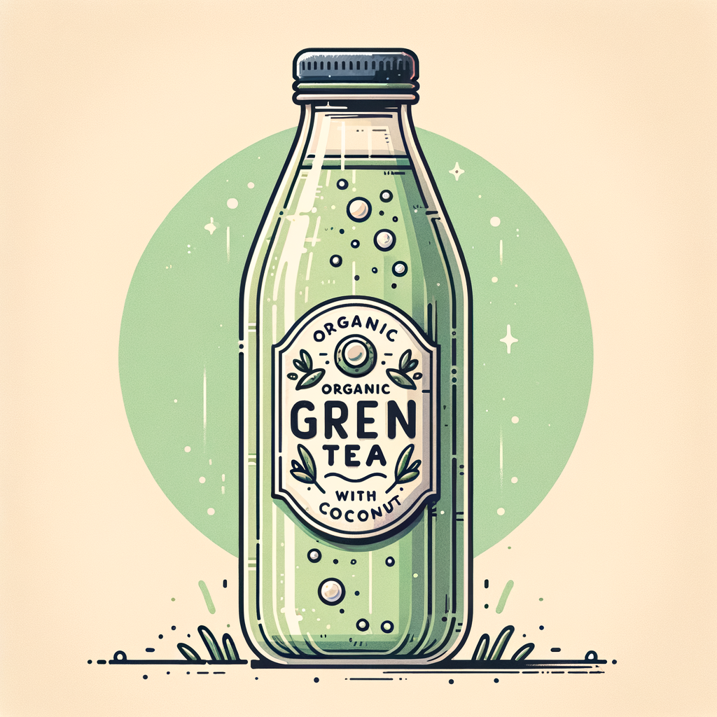 A clear glass bottle filled with pale green iced tea, featuring a decorative white label that reads 'Organic Green with Coconut' and a dark metal cap, shown upright with condensation droplets on the glass.