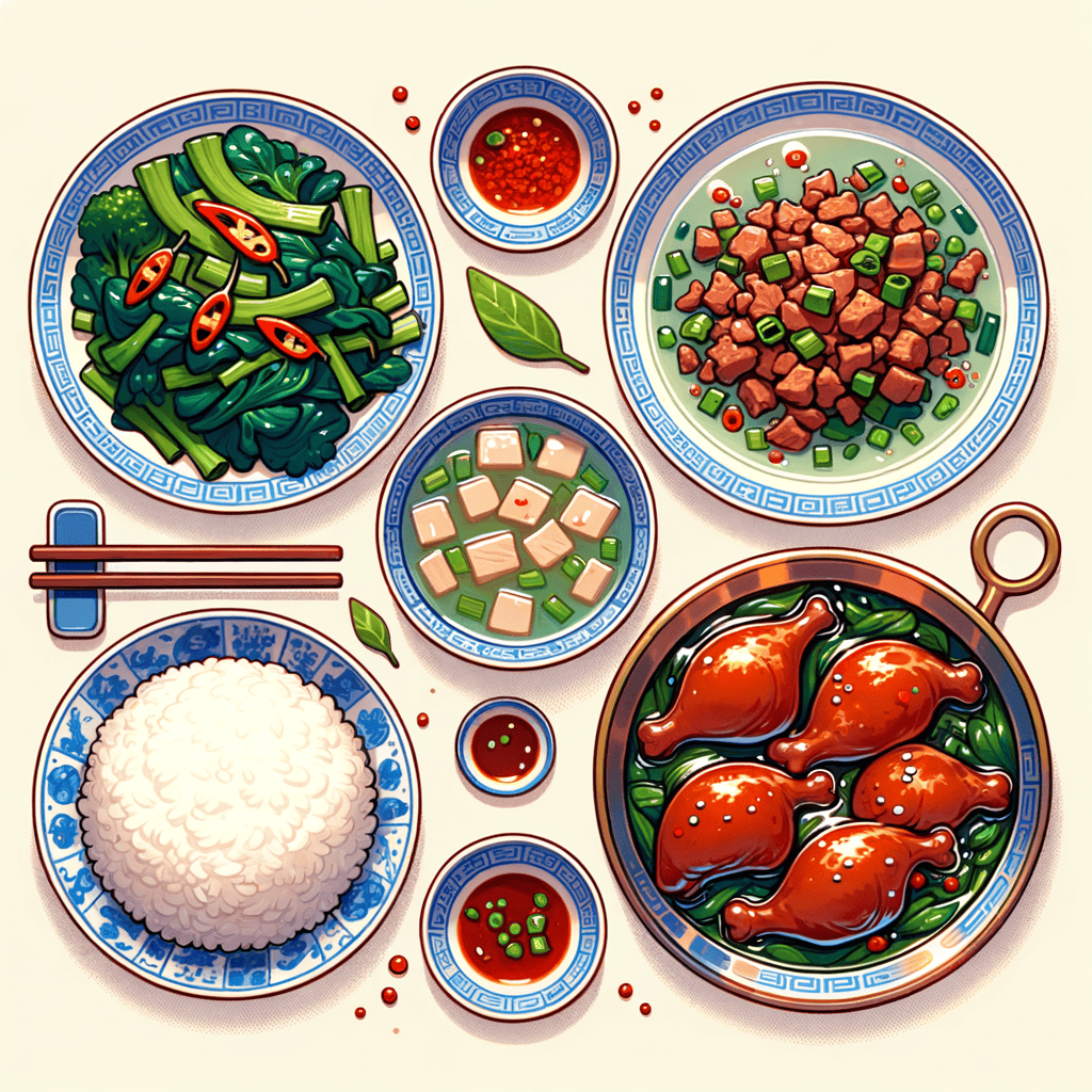 An overhead view of a Chinese family-style dinner: blue-and-white porcelain plates with stir-fried greens, a minced meat and chive stir-fry with red chili pieces, bowls of clear pork soup, small bowls of white rice, and a metal serving dish of glossy braised chicken pieces in rich brown sauce.