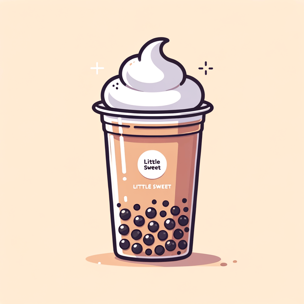 A tall plastic cup filled with milky brown tea, dark tapioca pearls settled at the bottom and a thick layer of creamy froth on top, branded with “LITTLE SWEET” on the side.