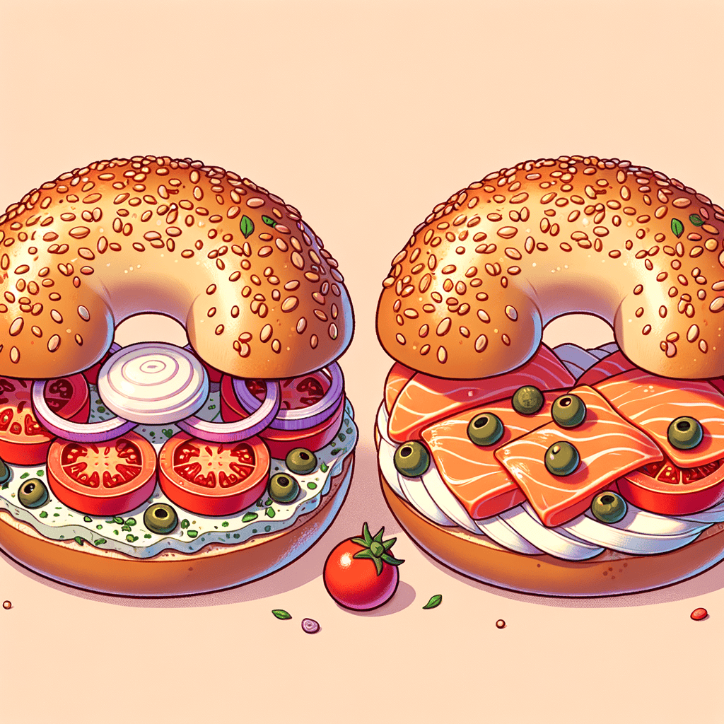 Two sesame seed bagel halves: one spread with herb cream cheese topped with tomato slices, red onion rings, and capers; the other spread with creamy salmon lox mixture and layered with tomato and red onion slices.