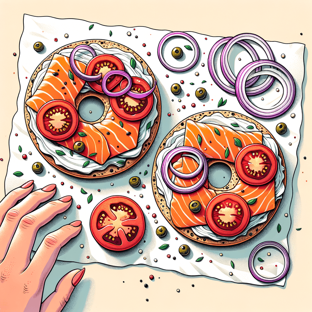 Two open-faced everything bagel halves on parchment paper, each layer spread with creamy blend of cream cheese and smoked salmon, topped with red tomato slices, thin purple onion rings, and scattered dark green capers.