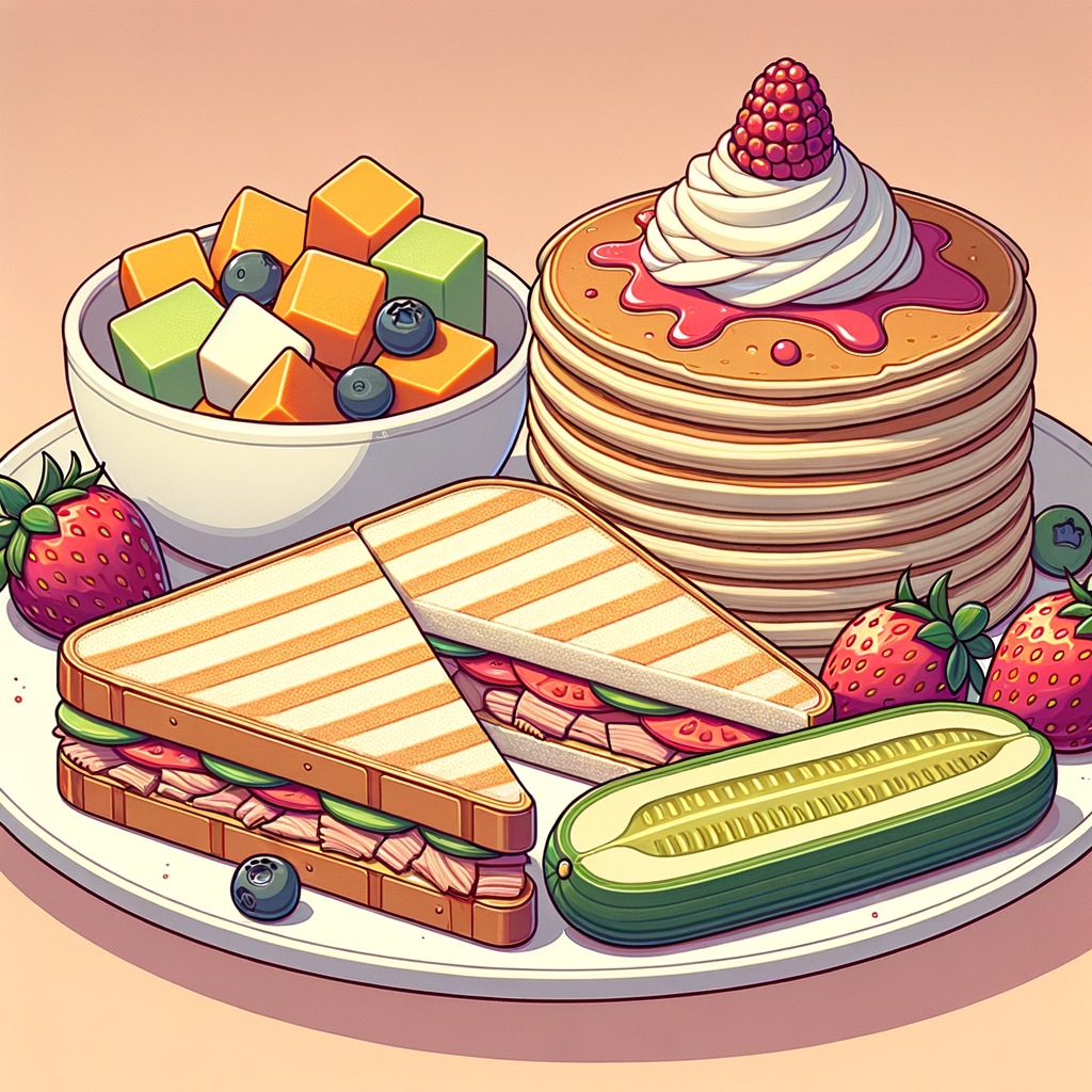 A white plate featuring a grilled tuna sandwich cut into triangular halves with visible tuna and tomato filling, accompanied by a pickle spear and a small bowl of cubed cantaloupe, honeydew melon, and apple slices, alongside a stack of two thick golden pancakes drizzled with red berry sauce and crowned with a swirl of whipped cream and scattered strawberries and blueberries.