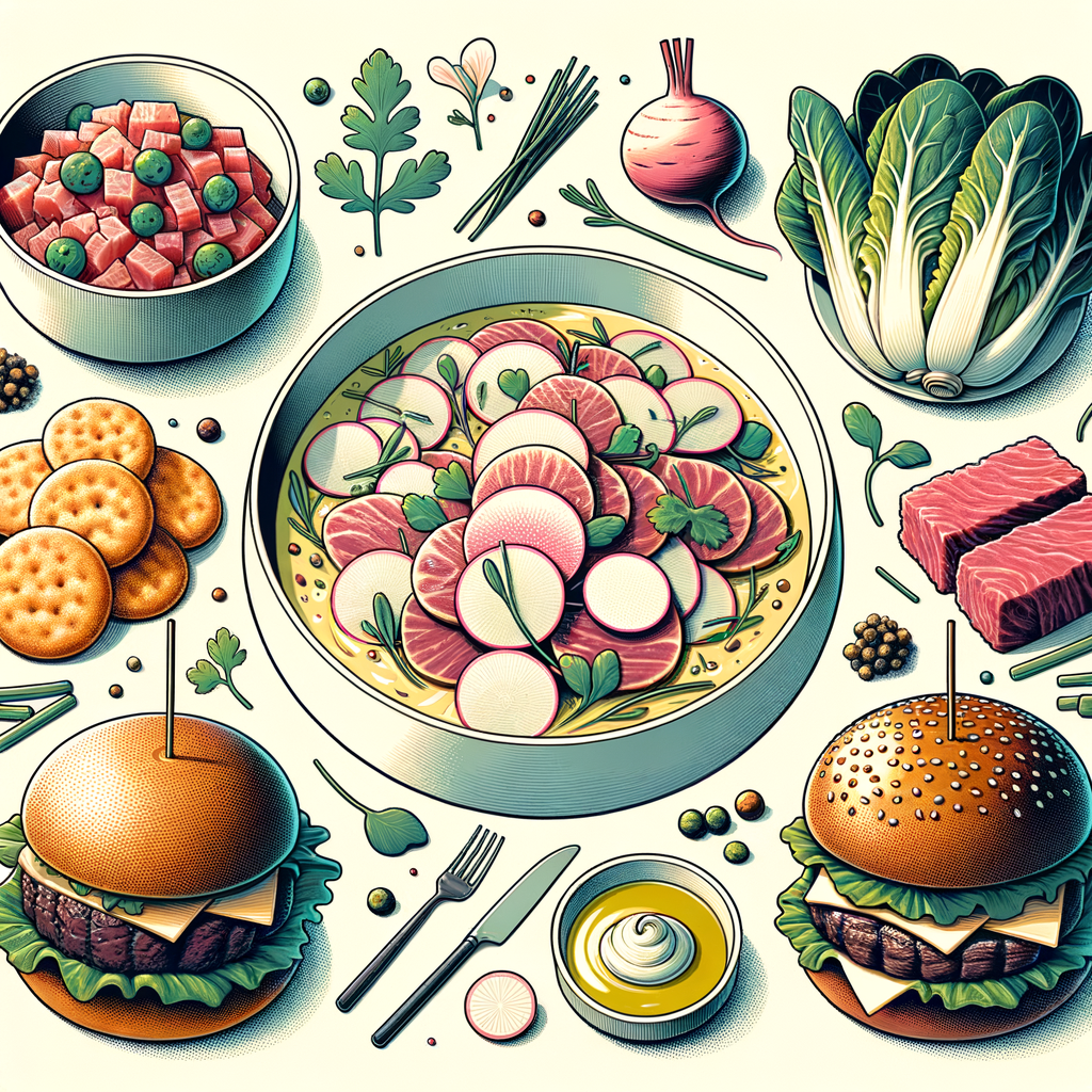 Thinly sliced raw fish in a pale yellow citrus broth, topped with thin radish rounds and small herb sprigs in a shallow white bowl; finely chopped raw beef tartare dressed with olive oil and capers, crowned by a large airy prawn cracker in a shallow bowl; charred romaine lettuce halves with crumbled cheese and sliced medium-rare steak with a drizzle of peppercorn sauce on a round white plate; a sesame-seeded brioche burger bun with a beef patty, melted cheese, and leaf of lettuce, accompanied by a pile of crispy potato chips and a pickle spear on a white plate; a seared fish fillet resting on wilted greens in an orange-hued sauce, garnished with vibrant edible flower petals on a white plate.