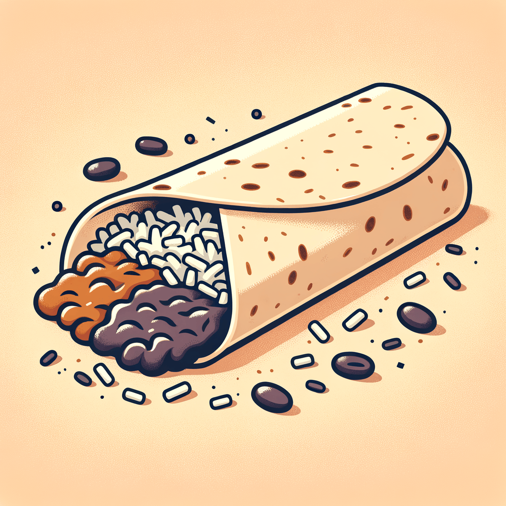 A hand holding a halved flour tortilla wrap filled with dark refried beans, shredded meat, and rice against a neutral background.