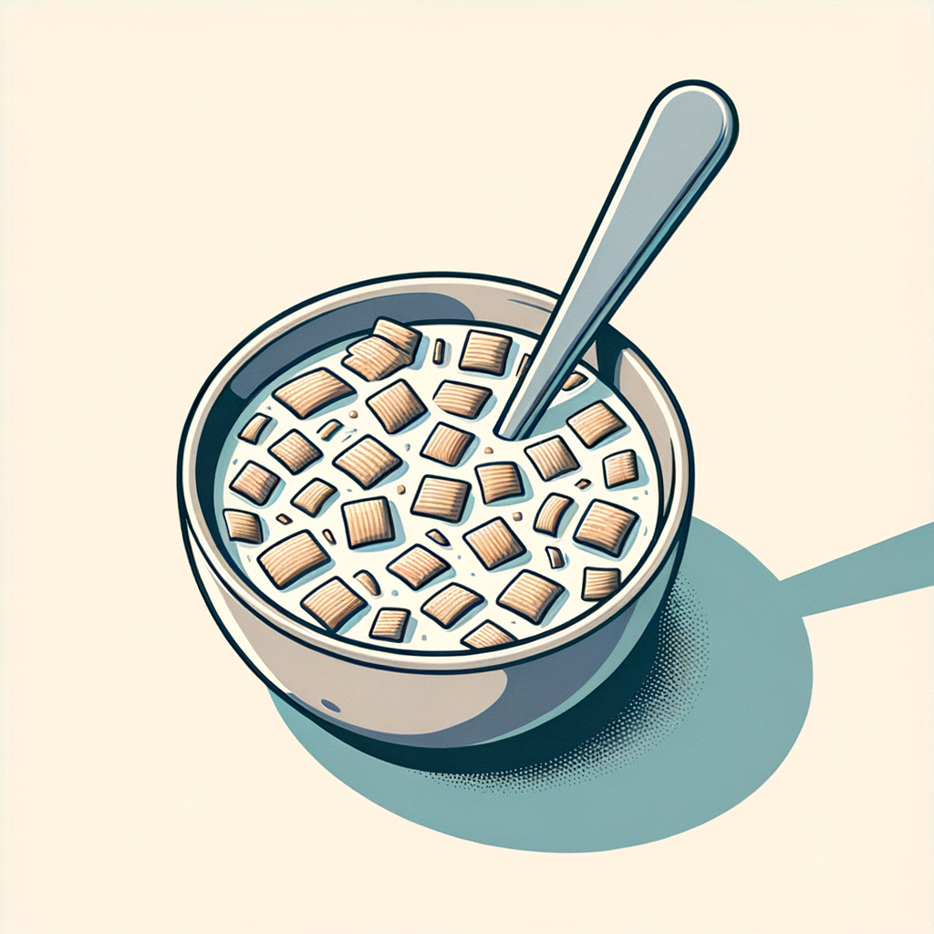 A neutral-colored ceramic bowl filled with crisp rectangular cereal flakes partially submerged in white milk, with a silver spoon resting against the side.