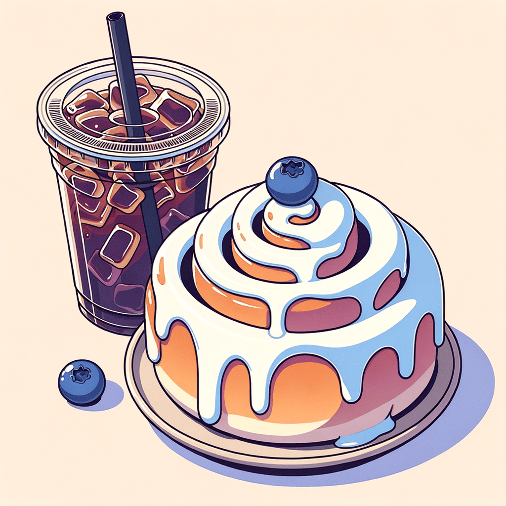 A spiral cinnamon roll generously coated with white cream cheese icing and drizzled with vivid blueberry sauce, sitting on a small round beige plate alongside a clear plastic cup of iced coffee with a black straw.