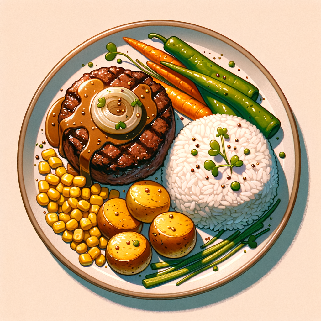A plate of food showing a seared beef steak patty topped with a glossy caramelized onion gravy. Next to it, a serving of white rice studded with yellow corn kernels. On the side, roasted baby potatoes, thin slices of roasted orange carrots, and green bell pepper strips sautéed and sprinkled with mustard seeds. The dish is finished with a light garnish of green microgreens.