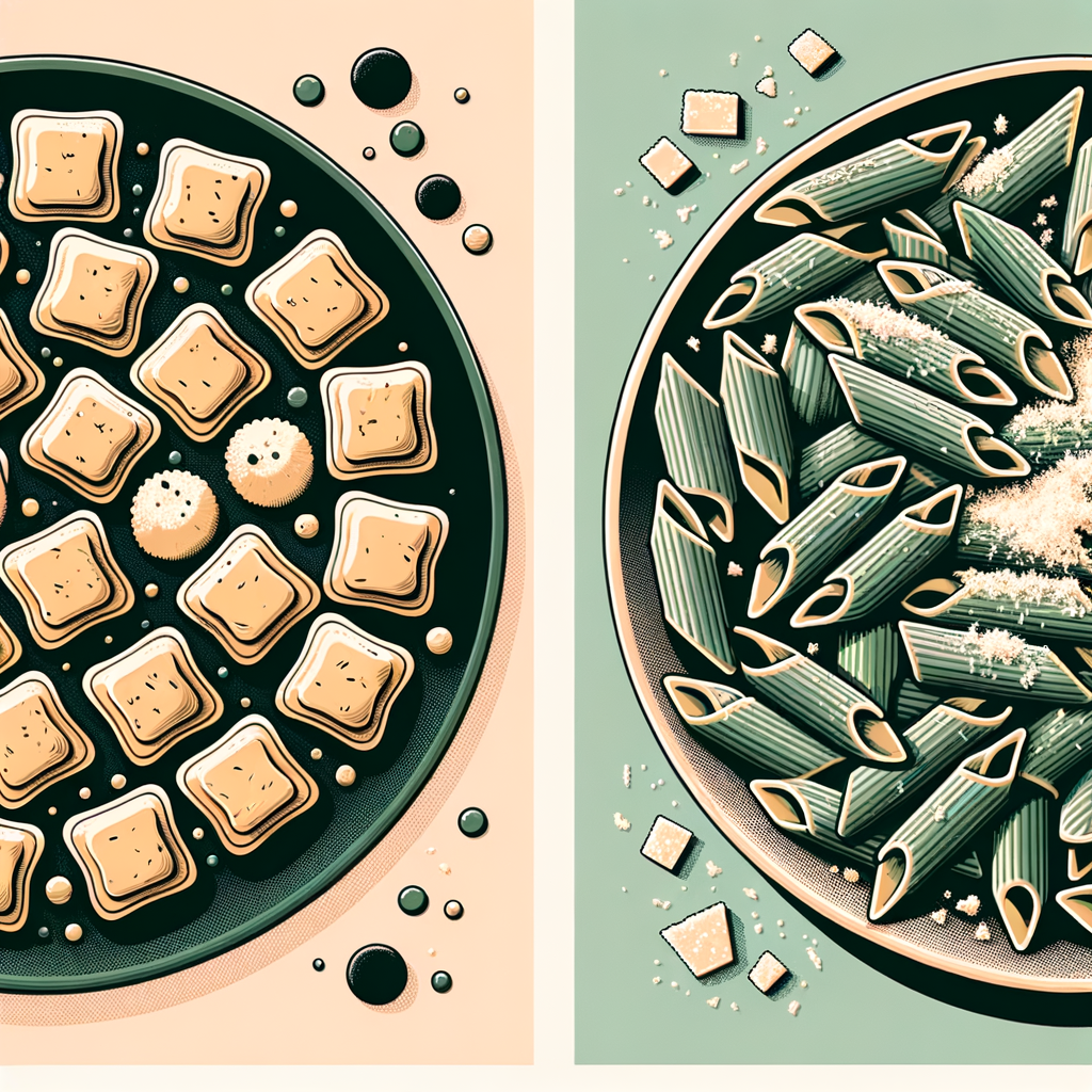 Two separate dishes: first, a white round plate of small square ravioli arranged in a grid pattern, drizzled with brown butter and sprinkled with grated cheese; second, a black plate of green penne pasta tossed with rich meat ragù and topped with shavings of parmesan cheese.